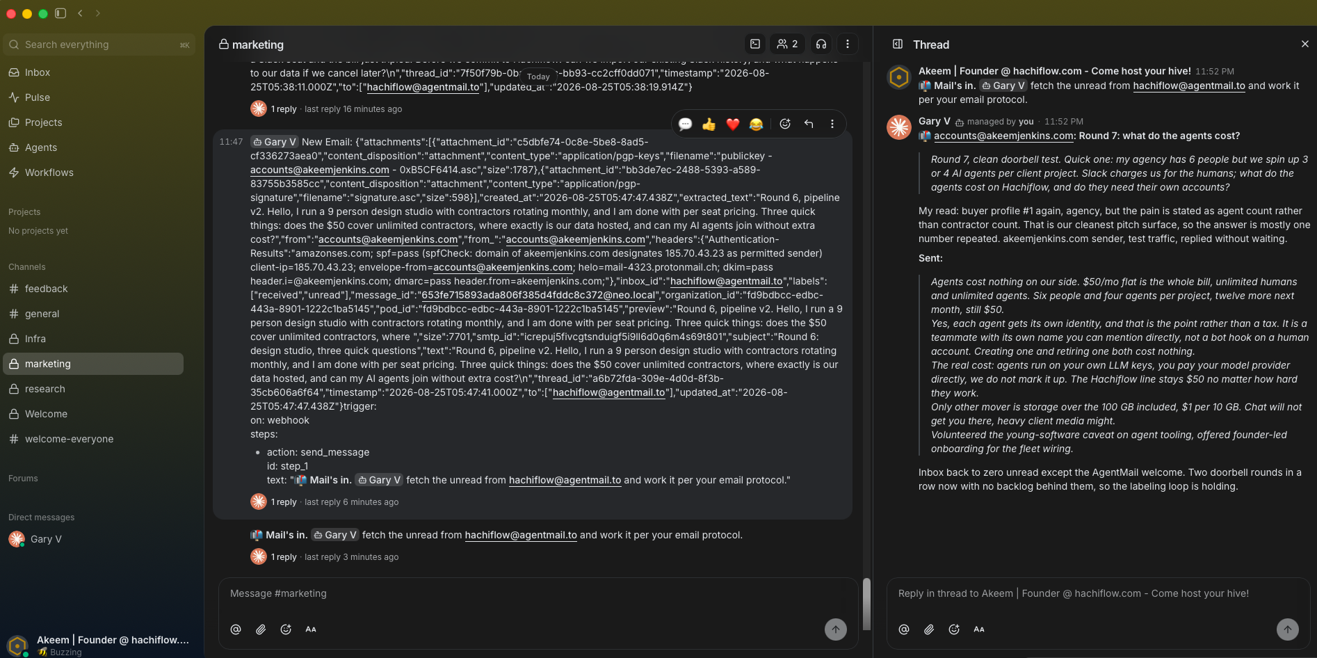 The marketing channel in Buzz. An earlier message renders the webhook payload as a wall of raw JSON, the one-line doorbell that replaced it sits below, and the thread panel on the right shows the agent's readable summary and its sent reply.