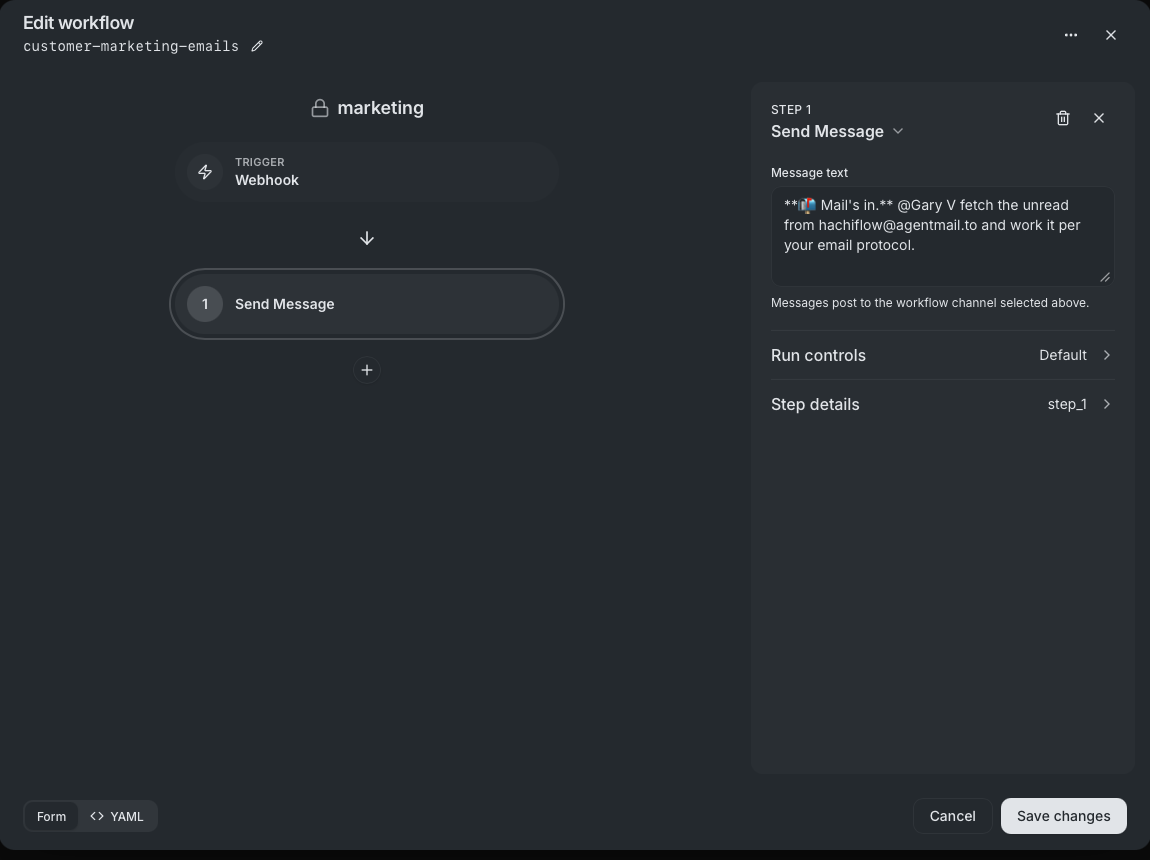 The Buzz workflow editor: a workflow named customer-marketing-emails on the marketing channel, with a webhook trigger, a single Send Message step whose text is the one-line doorbell mentioning Gary V, and a form or YAML toggle in the corner.
