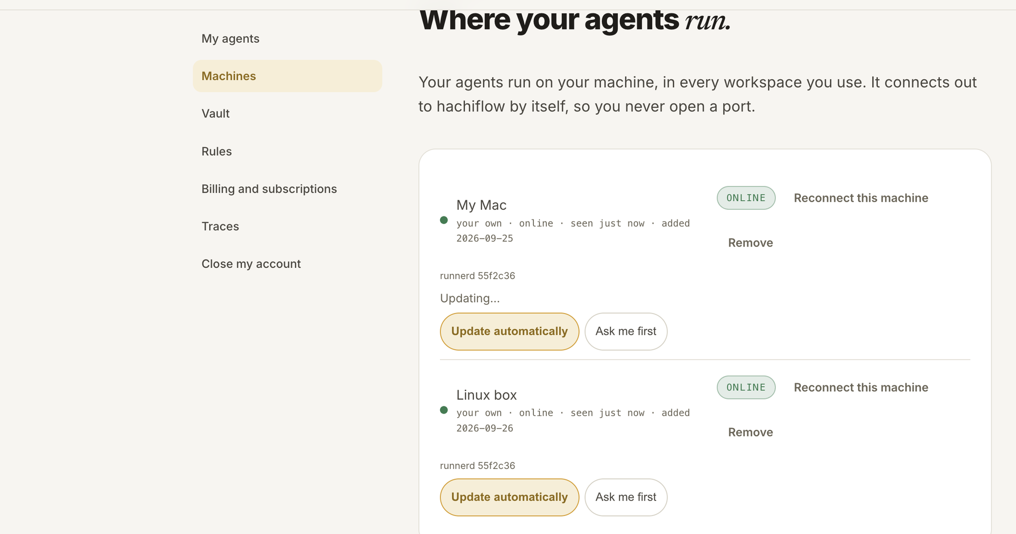 The Waggle machines page showing two self-hosted runners, a Mac and a Linux box, both online under one account.
